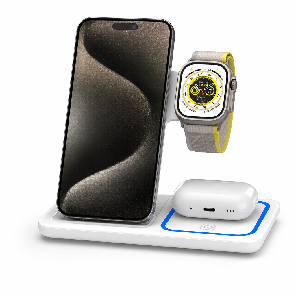 15W Foldable 3 in 1 Magnetic Wireless Charging Station and Desktop Phone Stand