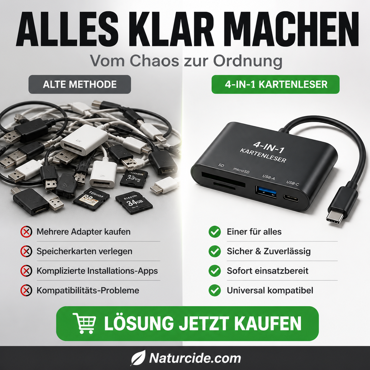 🛍️ 50 % Rabatt – 3-in-1 Speicherkartenleser für Handy & Tablet – USB-C, Lightning, USB-A – Plug & Play für iPhone , Android, PC & Mac 📱