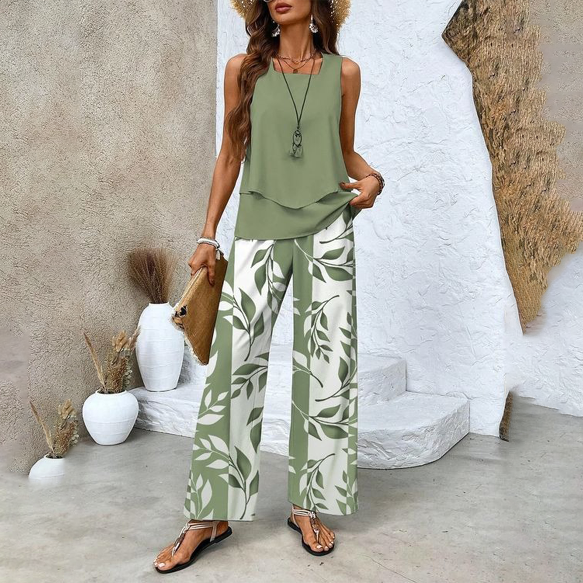 🌺Trendiges 2-teiliges Damen-Outfit mit Print, ärmelloses Oberteil und Hose