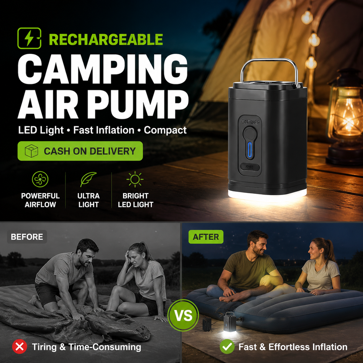 🏕️ PROMO FLASH : 50% DE RÉDUCTION ! Pompe à Air Rechargeable pour Camping – Gonflage Rapide 200 L/min, Éclairage LED & Batterie 1200 mAh for des Aventures Sans Tracas ✨🔋