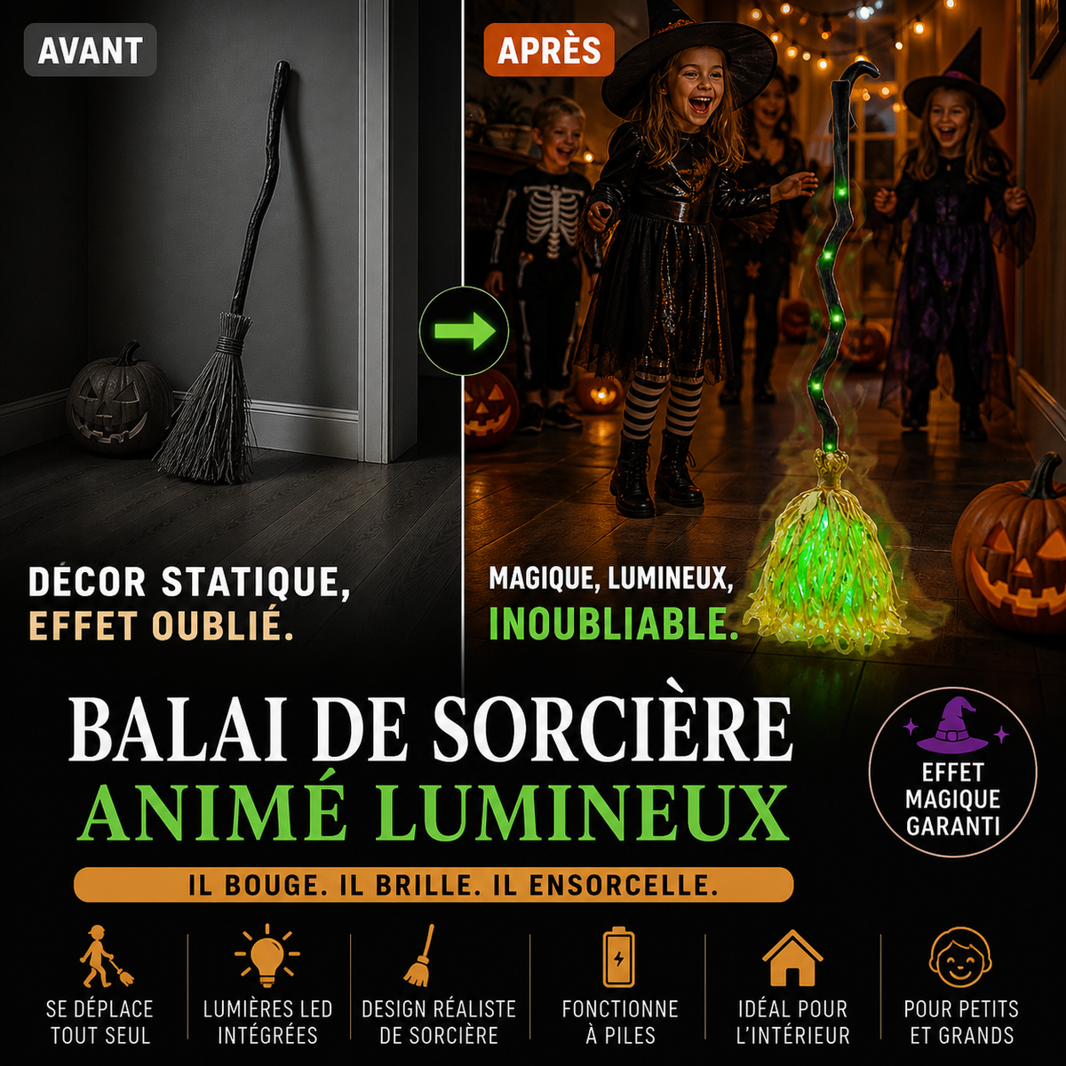 🎃 SOLDES 2026 : 50% DE RÉDUCTION ! 🧹 Balai de Sorcière Électrique Animé – LED Verte & Rire Sinistre for Décor Halloween Porte d'Entrée & Intérieur 👻