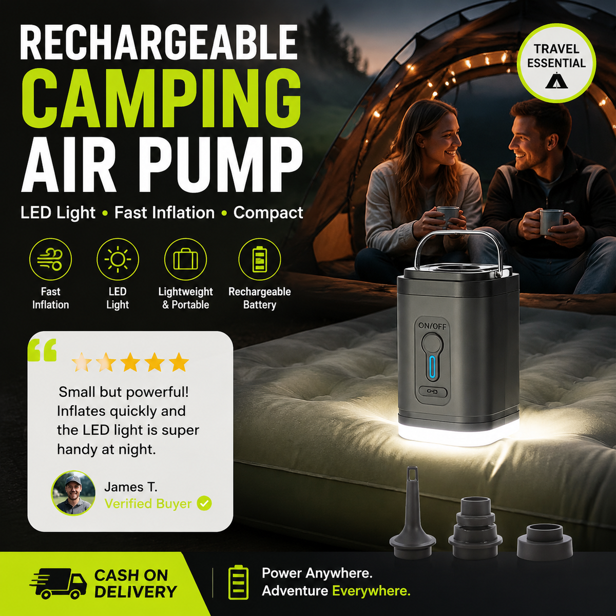 🏕️ PROMO FLASH : 50% DE RÉDUCTION ! Pompe à Air Rechargeable pour Camping – Gonflage Rapide 200 L/min, Éclairage LED & Batterie 1200 mAh for des Aventures Sans Tracas ✨🔋
