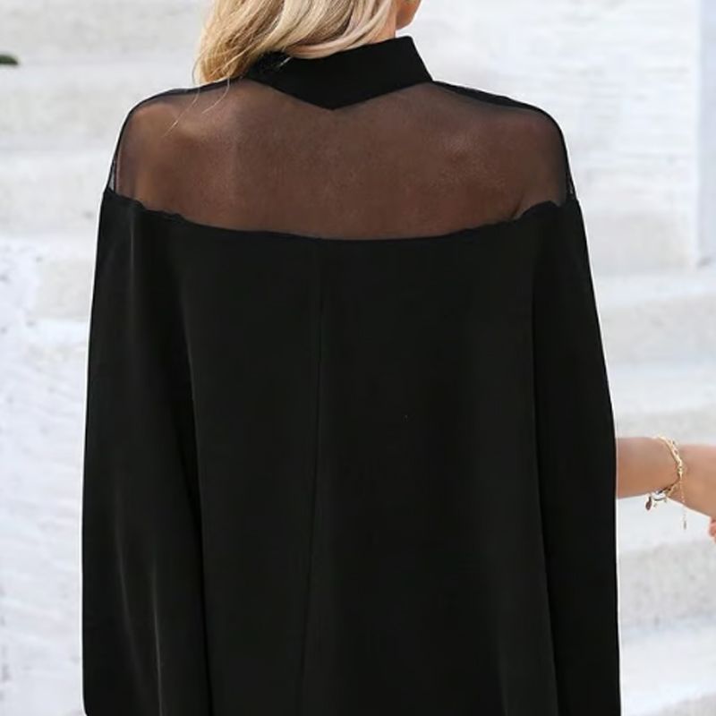 👗 🦇 Lässige Bluse mit Fledermausärmeln – Hochgeschlossen, Transparentes Design, Schwarz 🍂