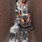 🍁Neuheit Sommer 2026: 50% Rabatt✨Damen-Set mit Print: Top mit V-Ausschnitt & lange Hose