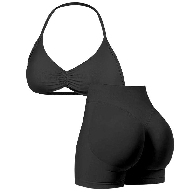 🌞Frühlingserwachen: 50% Rabatt!💜Damen Nahtloses Yoga Set – Neckholder-Top & Hoher Bund Shorts, Formgebend & Hohe Elastizität für Fitness & Yog
