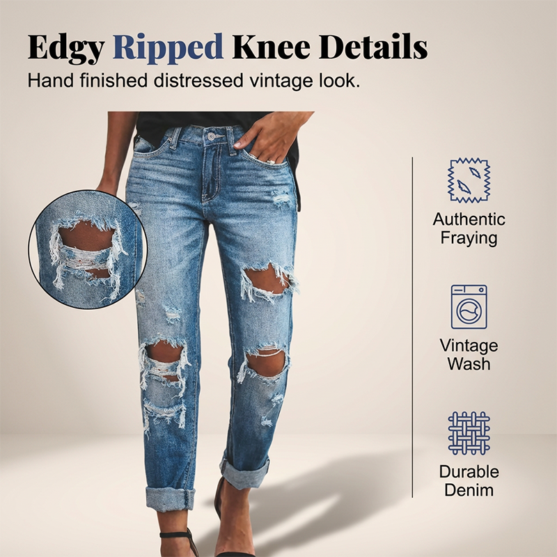 Moderne Jeans für Damen in gewaschener Blau-Optik mit Used-Look