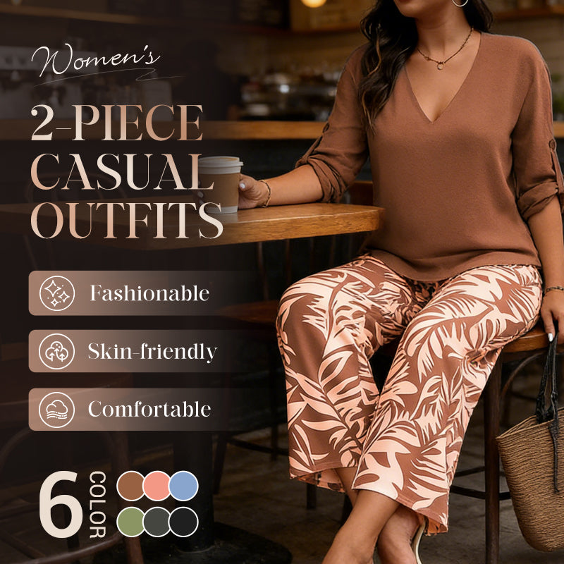 💥 HALBPREIS DEAL 👗 Damen Zweiteiler – elegante V-Neck Bluse + weite Print-Hose 🔥 Perfekt für Sommer & Alltag ☀️