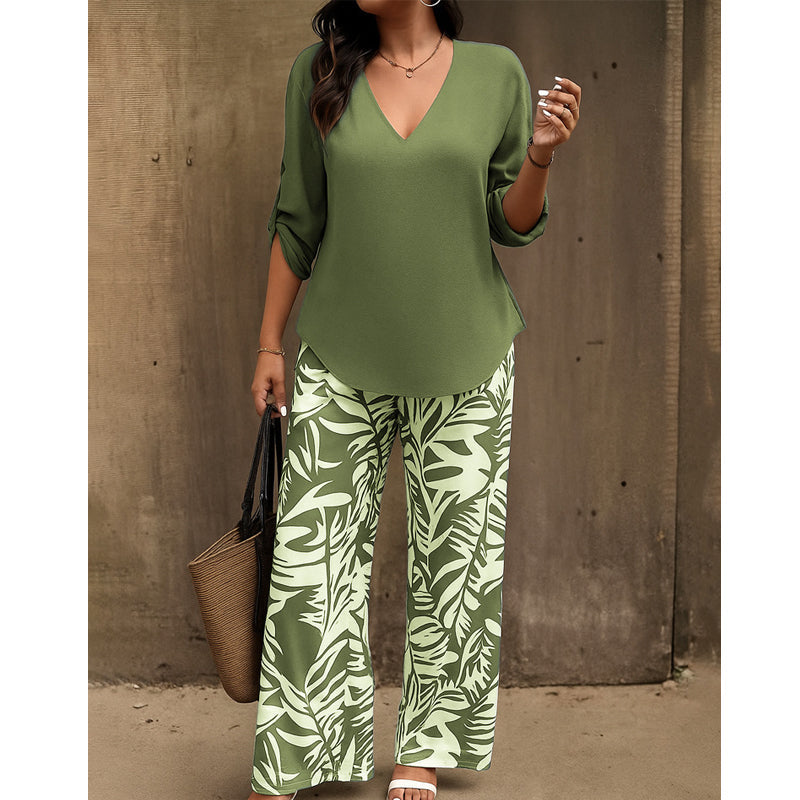 💥 HALBPREIS DEAL 👗 Damen Zweiteiler – elegante V-Neck Bluse + weite Print-Hose 🔥 Perfekt für Sommer & Alltag ☀️