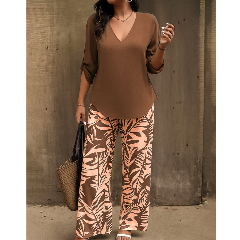 💥 HALBPREIS DEAL 👗 Damen Zweiteiler – elegante V-Neck Bluse + weite Print-Hose 🔥 Perfekt für Sommer & Alltag ☀️
