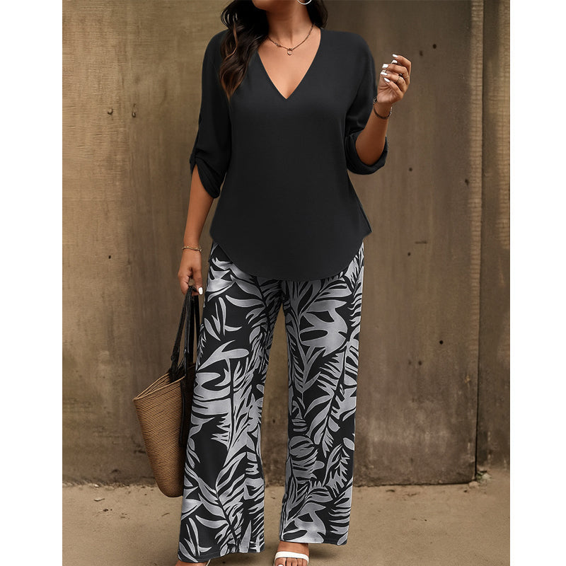 💥 HALBPREIS DEAL 👗 Damen Zweiteiler – elegante V-Neck Bluse + weite Print-Hose 🔥 Perfekt für Sommer & Alltag ☀️