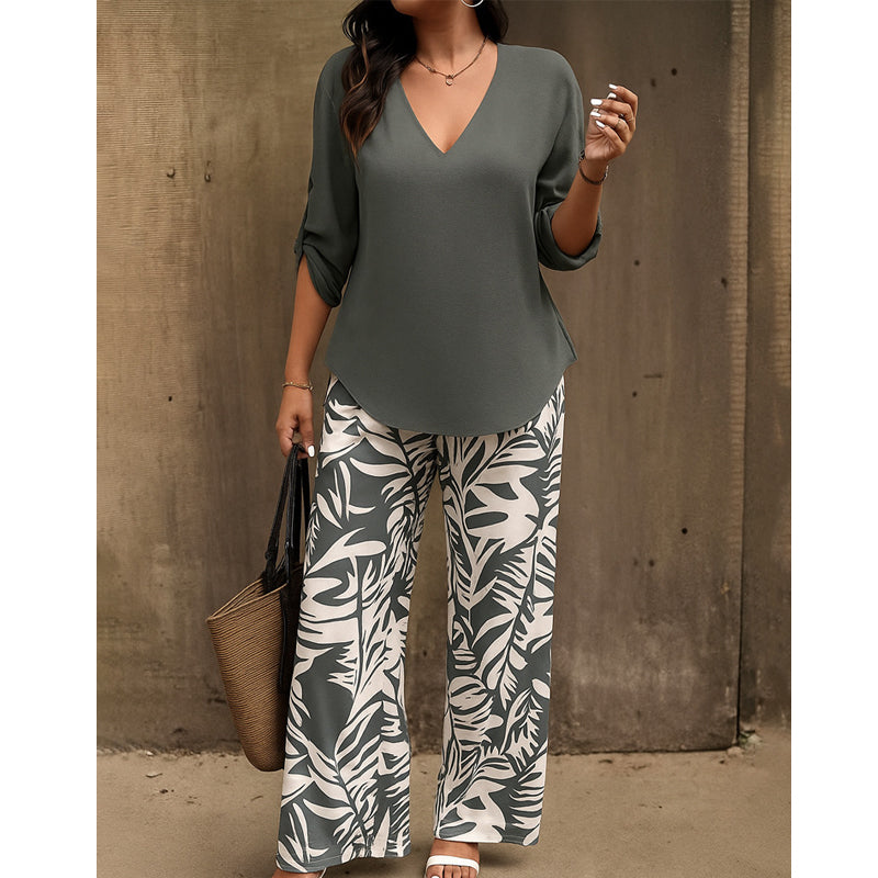 💥 HALBPREIS DEAL 👗 Damen Zweiteiler – elegante V-Neck Bluse + weite Print-Hose 🔥 Perfekt für Sommer & Alltag ☀️