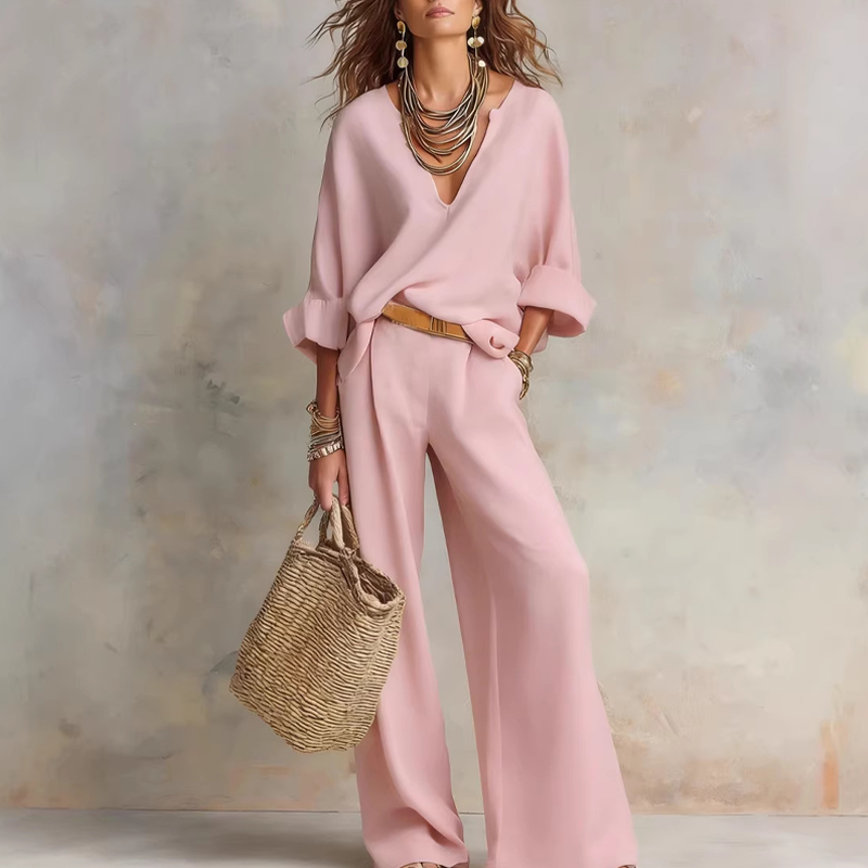 ✨🔥2-teiliges Set aus Damen-Top mit V-Ausschnitt und Hose mit weitem Bein