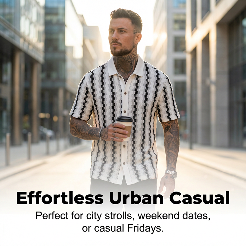 👕 50% RABATT! ✨ Retro-Geo-Strick-Shirt für Herren – Kurzarm, Atmungsaktiv, Kontrastkragen & Ideal Für Einen Stilvollen Auftritt Im Herbst 🍂