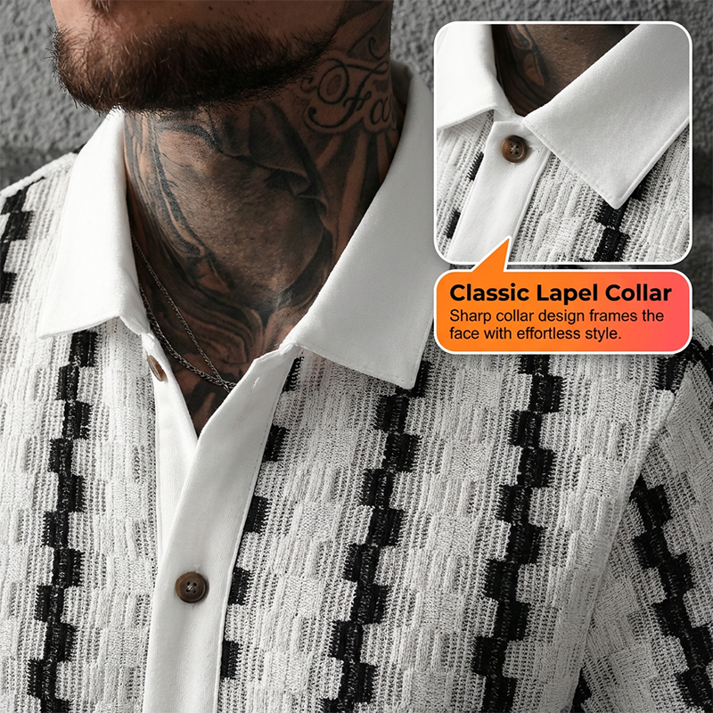 👕 50% RABATT! ✨ Retro-Geo-Strick-Shirt für Herren – Kurzarm, Atmungsaktiv, Kontrastkragen & Ideal Für Einen Stilvollen Auftritt Im Herbst 🍂