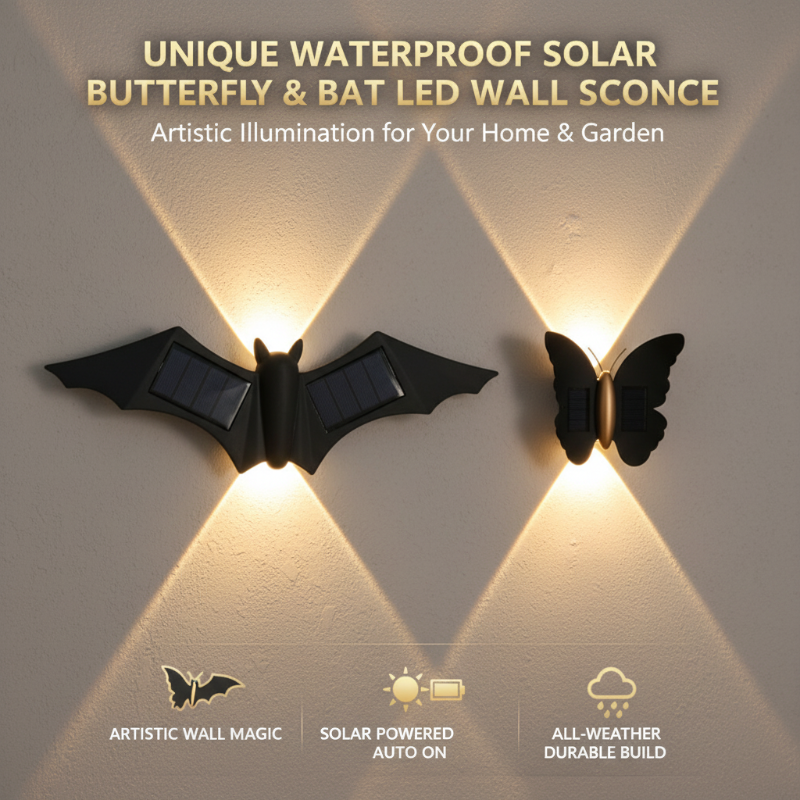 Einzigartige, wasserdichte LED-Wandleuchte in Form eines Schmetterlings und einer Fledermaus mit Solarantrieb