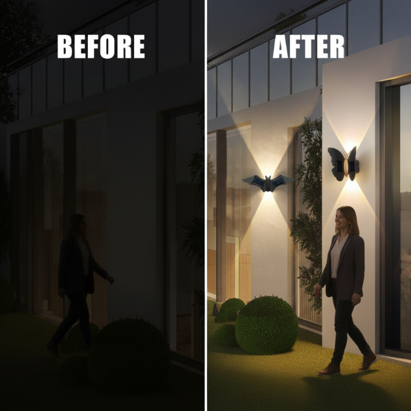 Einzigartige, wasserdichte LED-Wandleuchte in Form eines Schmetterlings und einer Fledermaus mit Solarantrieb