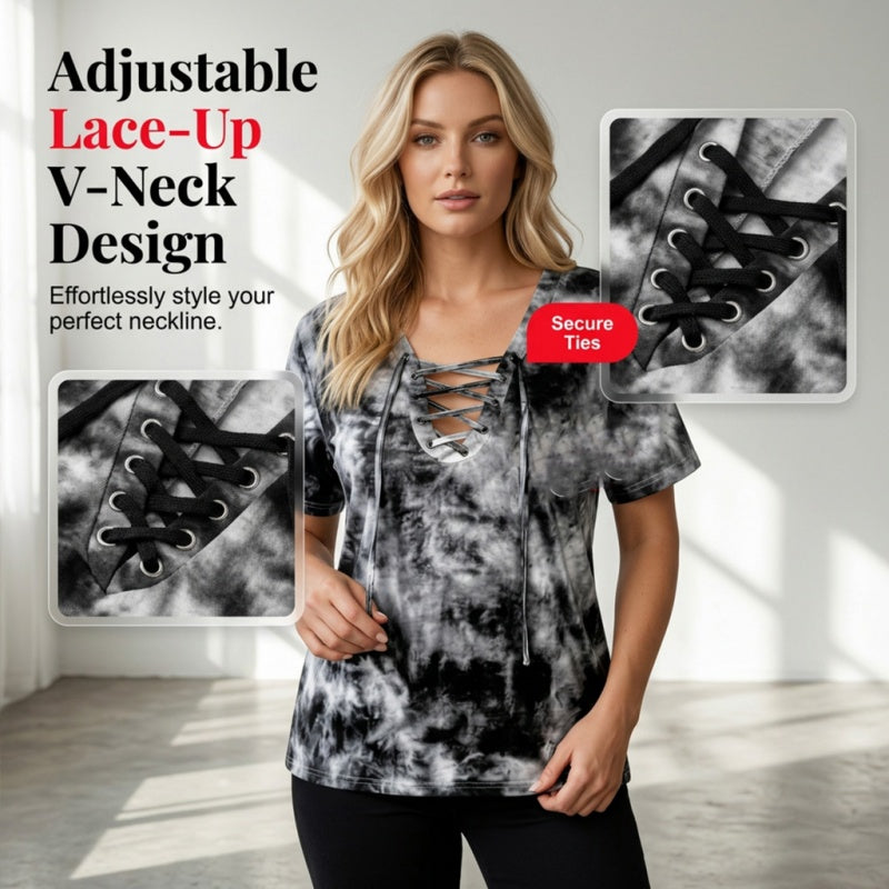 📢📢60% RABATT!! ⏰Tie-Dye-T-Shirt für Damen mit Schnürung und V-Ausschnitt