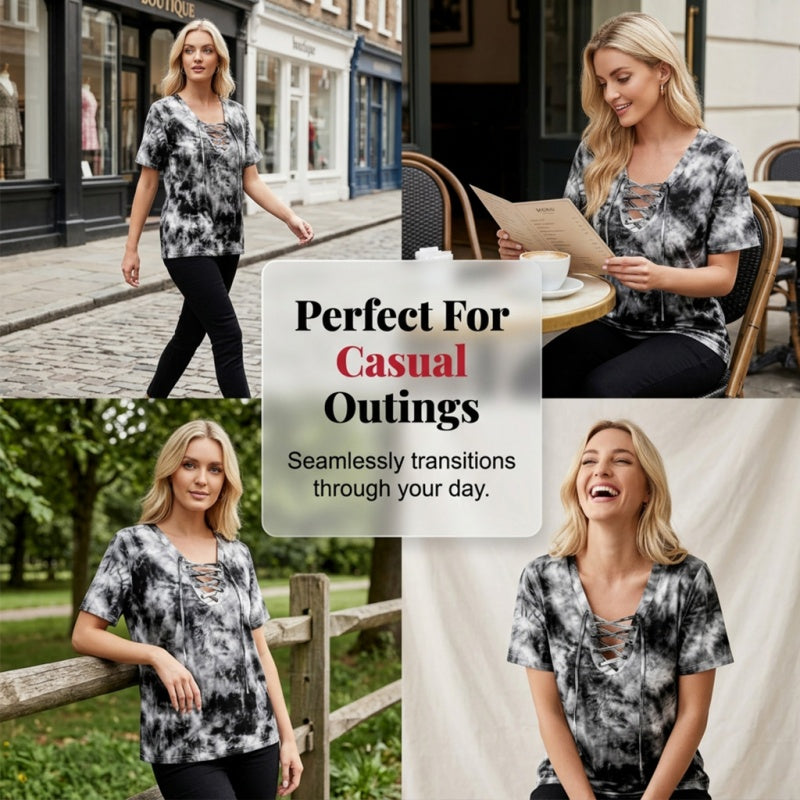 📢📢60% RABATT!! ⏰Tie-Dye-T-Shirt für Damen mit Schnürung und V-Ausschnitt