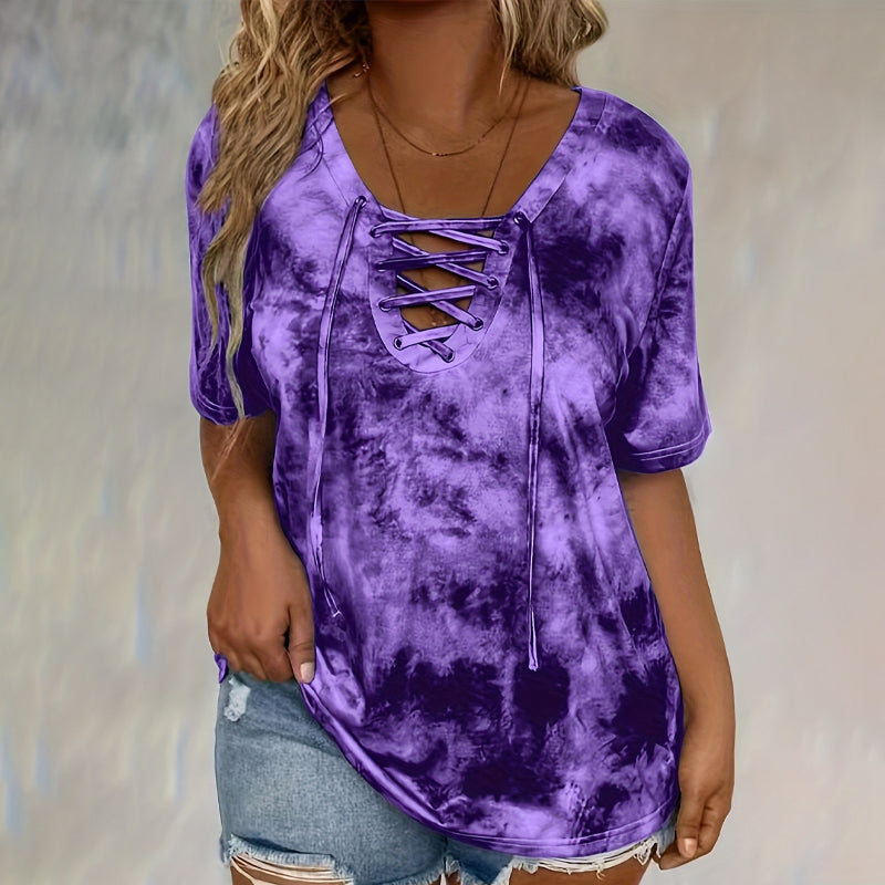 📢📢60% RABATT!! ⏰Tie-Dye-T-Shirt für Damen mit Schnürung und V-Ausschnitt