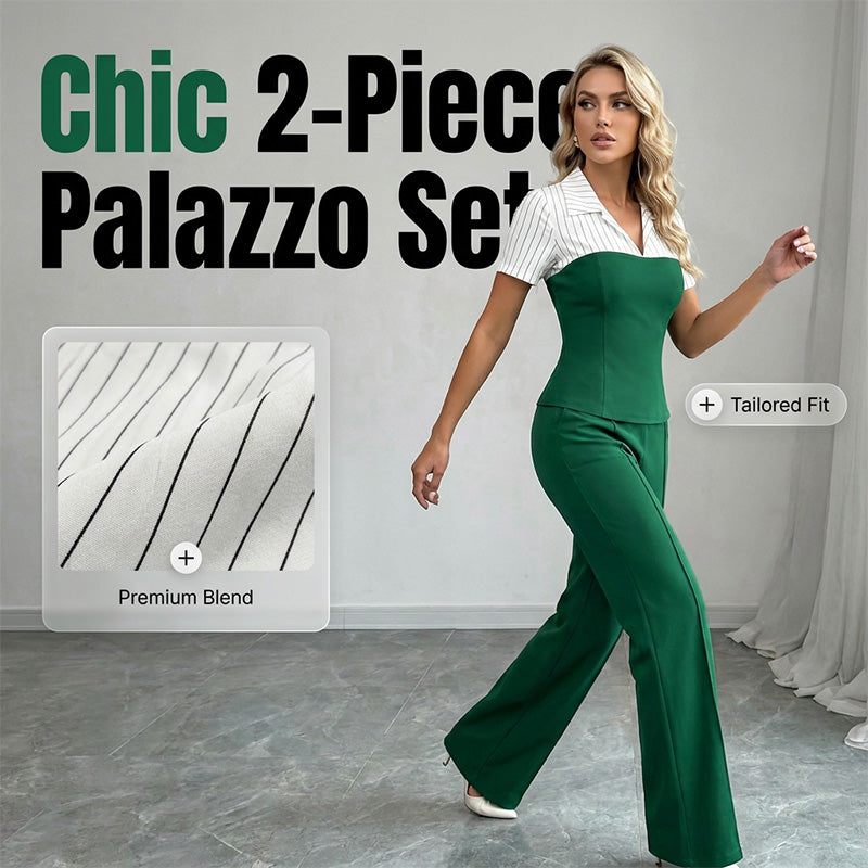 Zweiteiliges Set aus elegantem T-Shirt mit gestreiftem Reverskragen und Palazzo-Hose