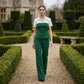 Zweiteiliges Set aus elegantem T-Shirt mit gestreiftem Reverskragen und Palazzo-Hose