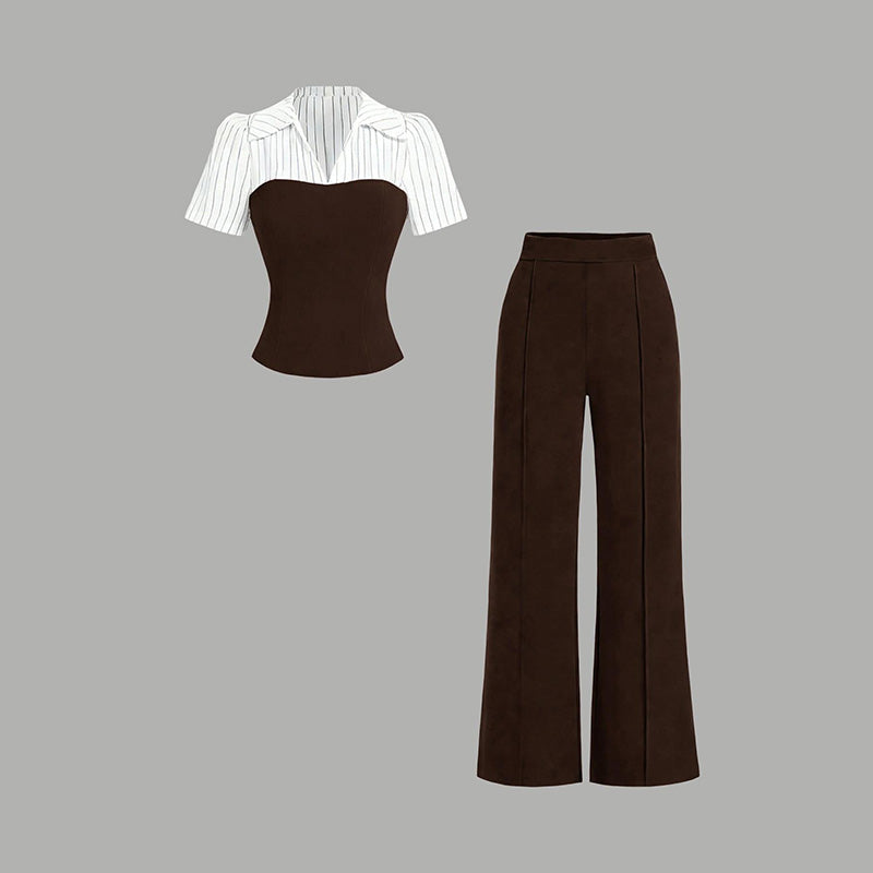 Zweiteiliges Set aus elegantem T-Shirt mit gestreiftem Reverskragen und Palazzo-Hose