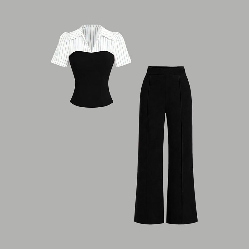 👔 LIMITED-TIME 50% RABATT! ✨ 2-teiliges Set – Gestreiftes Revers, Weite Hose, V-Ausschnitt, Elegant 🍂