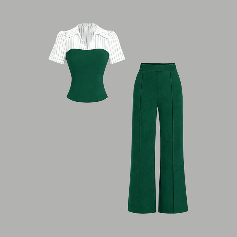 Zweiteiliges Set aus elegantem T-Shirt mit gestreiftem Reverskragen und Palazzo-Hose