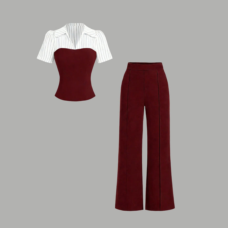 Zweiteiliges Set aus elegantem T-Shirt mit gestreiftem Reverskragen und Palazzo-Hose