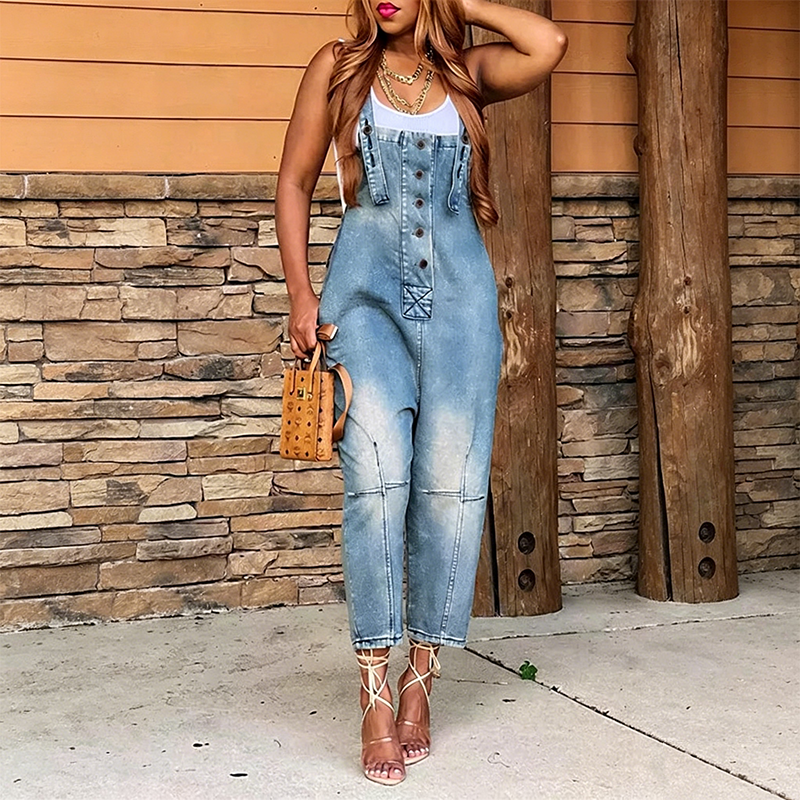 👖 50% RABATT! 🔘 Damen Jeans-Latzhose mit Knopfleiste vorne – schmal zulaufend – Figurumschmeichelnd, lässig & perfekt für einen trendigen Streetwear-Look ✨