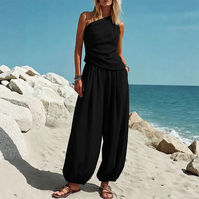 💃50% RABATT Elegantes Damen-Set Ein-Schulter-Top & Weite Hose🌸