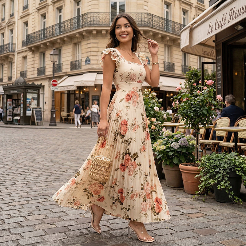 👗 Neuwaren 50% Rabatt🌸 Elegantes Blumenprint-Maxi-Kleid mit Volantärmeln & Hochwaist – Plisseerock, Quadrat-Ausschnitt, Romantisch ✨