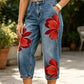 👖🤍Damen Weite Jeans mit Künstlerischer Blumenapplikation