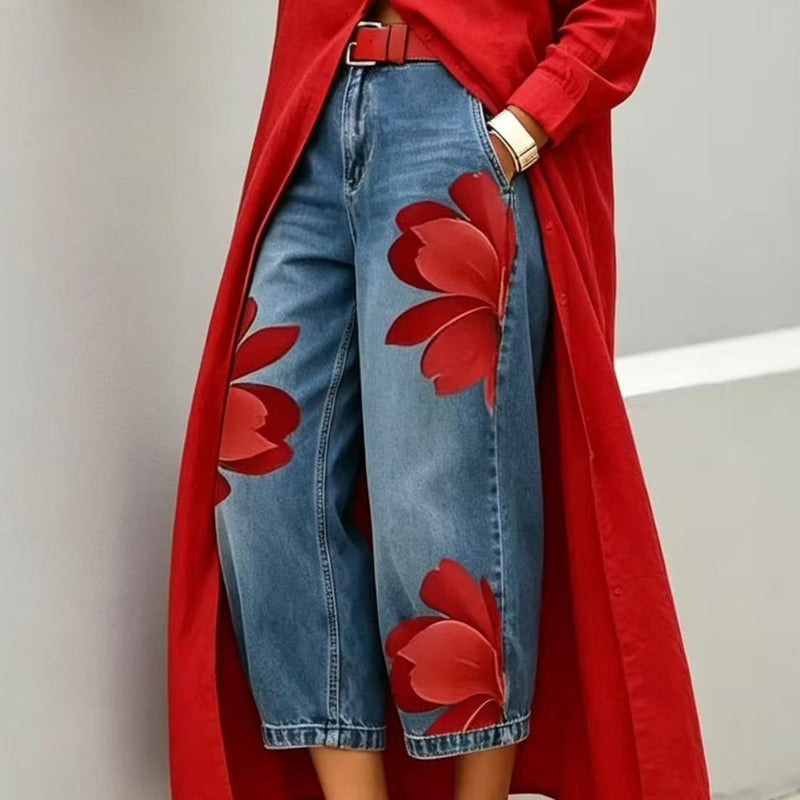👖🤍Damen Weite Jeans mit Künstlerischer Blumenapplikation