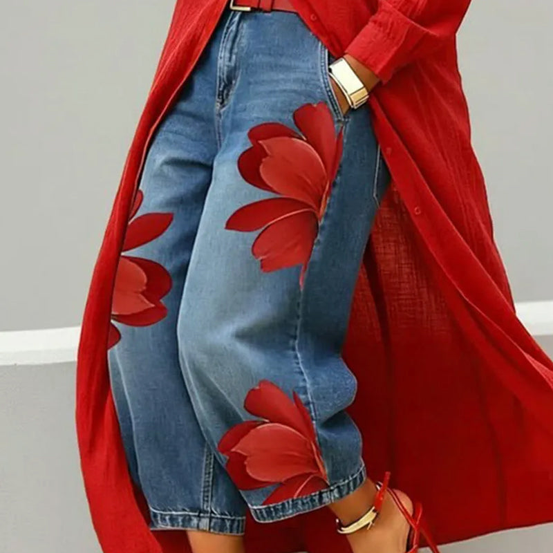 👖🤍Damen Weite Jeans mit Künstlerischer Blumenapplikation