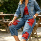 👖🤍Damen Weite Jeans mit Künstlerischer Blumenapplikation