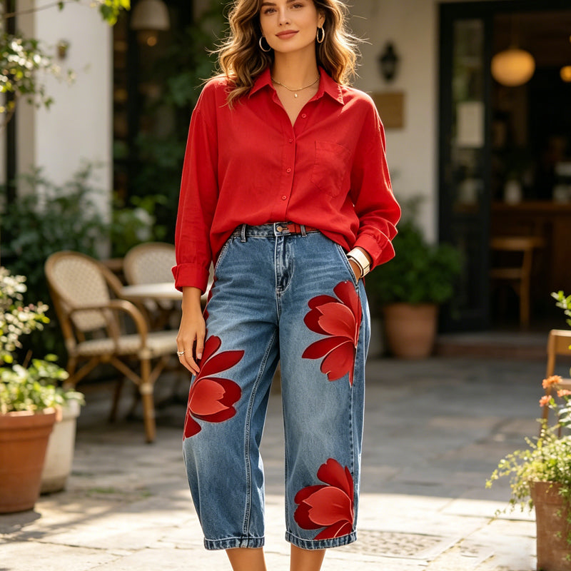 👖🤍Damen Weite Jeans mit Künstlerischer Blumenapplikation