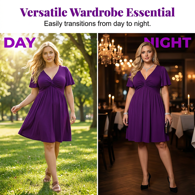 Elegantes V-Ausschnitt-Kleid mit gedrehtem Vorderteil und Taschen