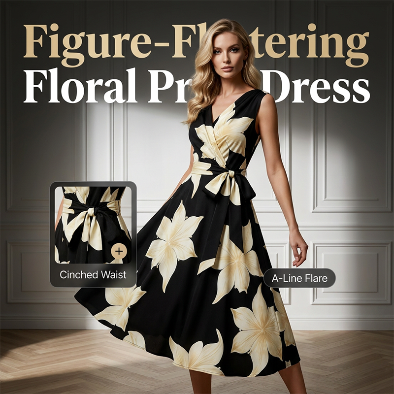 👗 Figurbetonendes A-Linien Blumenkleid ✨ Sommerliches ärmelloses Midi-Kleid mit Taillenband für den perfekten Auftritt