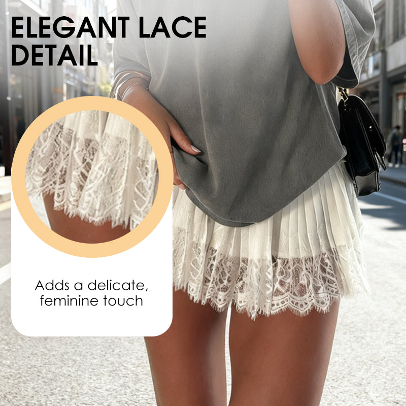 👗Neuwaren 50% Rabatt💥Chic Pleated Lace Trim Mini Skirt – Plisseefalten, zarte Spitze, perfekt für den Sommer 🌸💨