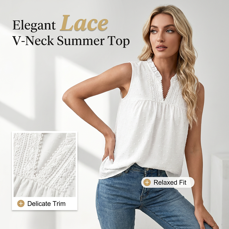 👚 NUR FÜR BEGRENZTE ZEIT: 66 % RABATT! ✨ Ärmelloses Top mit Polka-Dots – V-Ausschnitt aus Spitze, Rüschen, Babydoll-Schnitt 🌼