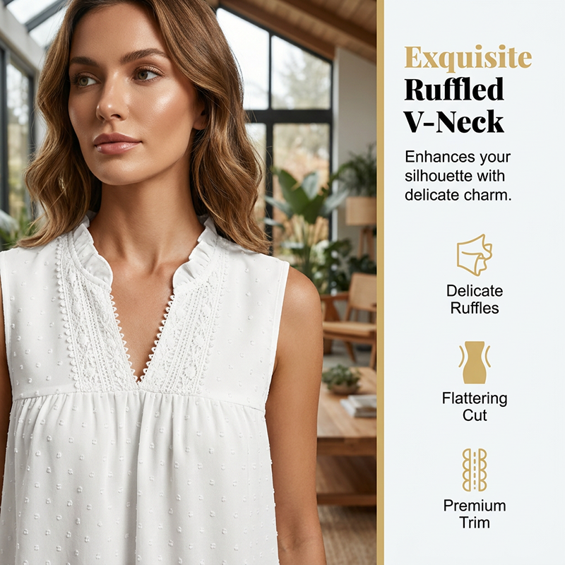 👚 NUR FÜR BEGRENZTE ZEIT: 66 % RABATT! ✨ Ärmelloses Top mit Polka-Dots – V-Ausschnitt aus Spitze, Rüschen, Babydoll-Schnitt 🌼
