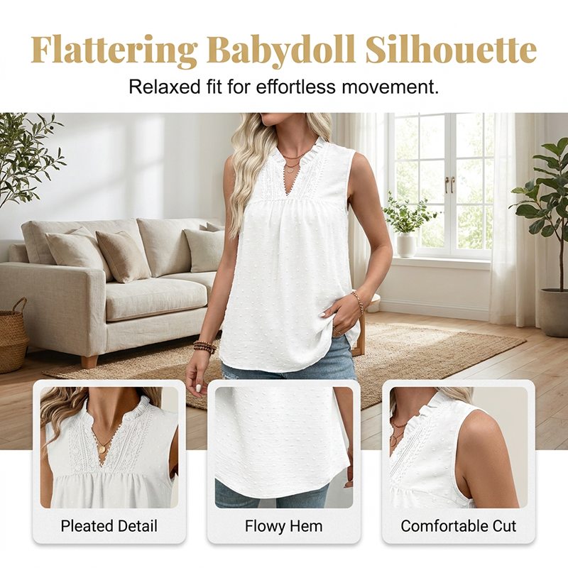 👚 NUR FÜR BEGRENZTE ZEIT: 66 % RABATT! ✨ Ärmelloses Top mit Polka-Dots – V-Ausschnitt aus Spitze, Rüschen, Babydoll-Schnitt 🌼