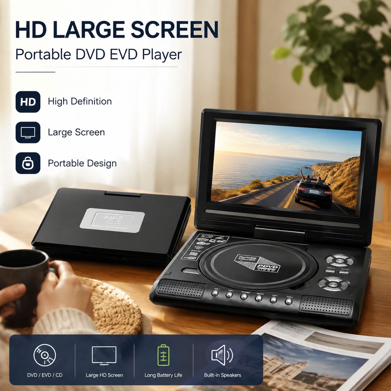 📢📢50% RABATT !!⏰📺 7,8" HD Tragbarer DVD‑/EVD‑Player, Akku‑betrieben, unterstützt DVD/CD/USB/SD, für Zuhause und unterwegs