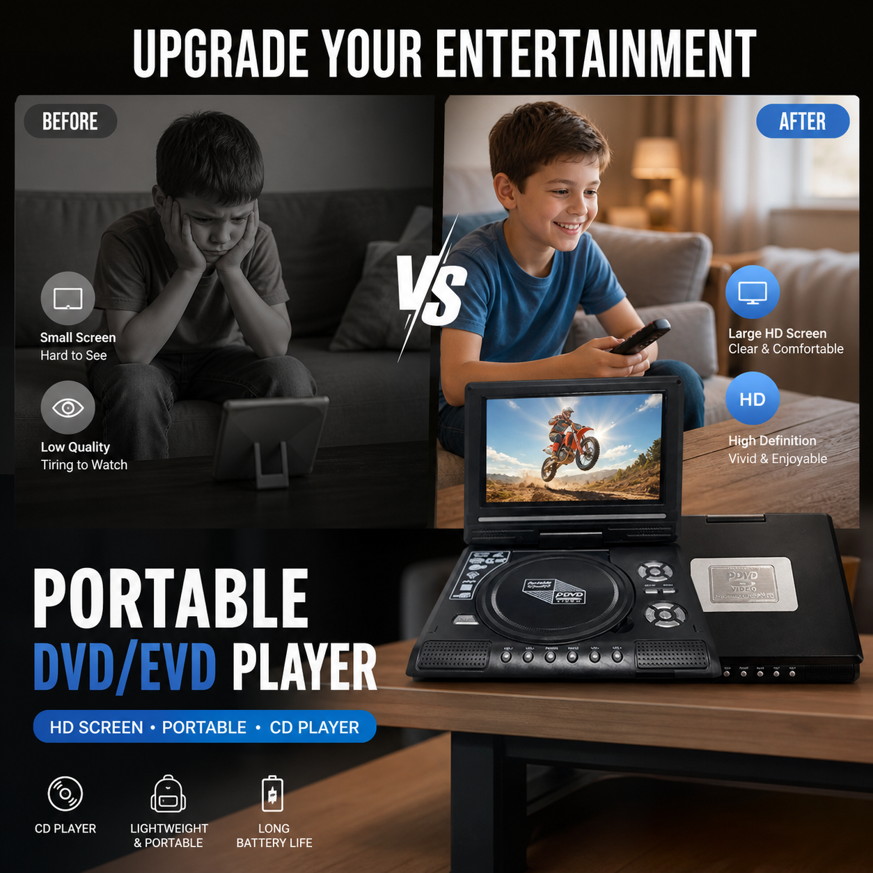 📢📢50% RABATT !!⏰📺 7,8" HD Tragbarer DVD‑/EVD‑Player, Akku‑betrieben, unterstützt DVD/CD/USB/SD, für Zuhause und unterwegs