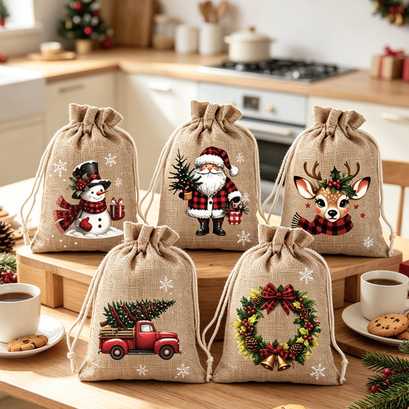 🎅🎁 Sacs cadeaux de Noël à cordon – Imprimés festifs, tissu durable, un emballage chic et réutilisable pour vos présents, sous le sapin et au-delà 🎄✨