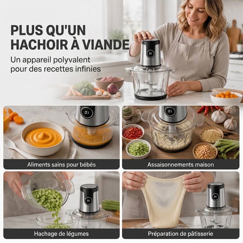 🛒 Offre limitée : –50 % ! 🔪 Robot de cuisine 2000W – Fini les hachages interminables et les textures irrégulières – Lames pro, bol 2/3L, acier inoxydable – Idéal pour viande, légumes et repas bébé 🥩