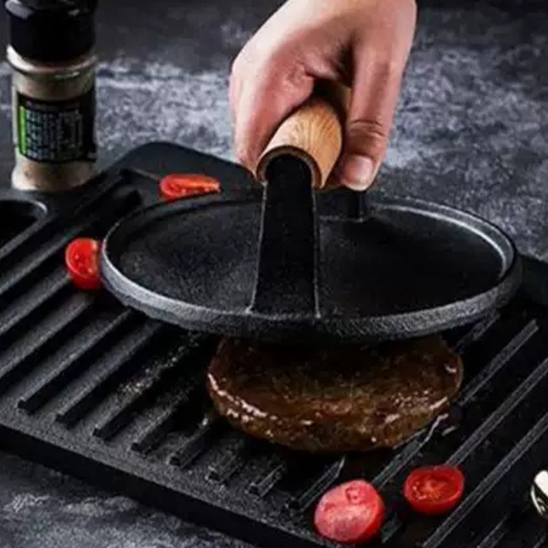 🥩 50% DE RÉDUCTION! 🔥 Presse à steak en fonte – Cuisson uniforme & manche bois ✨