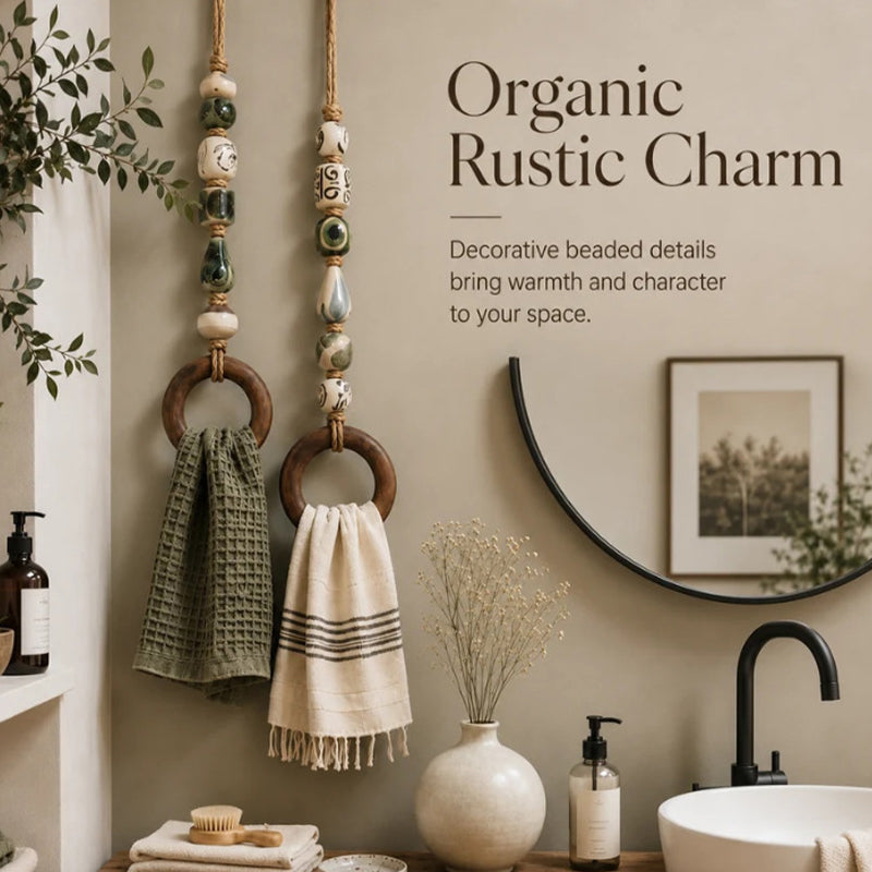 🧺 50% DE RÉDUCTION! 🌸 Porte-serviette en perles – Céramique, jute & bois – Style bohème ✨