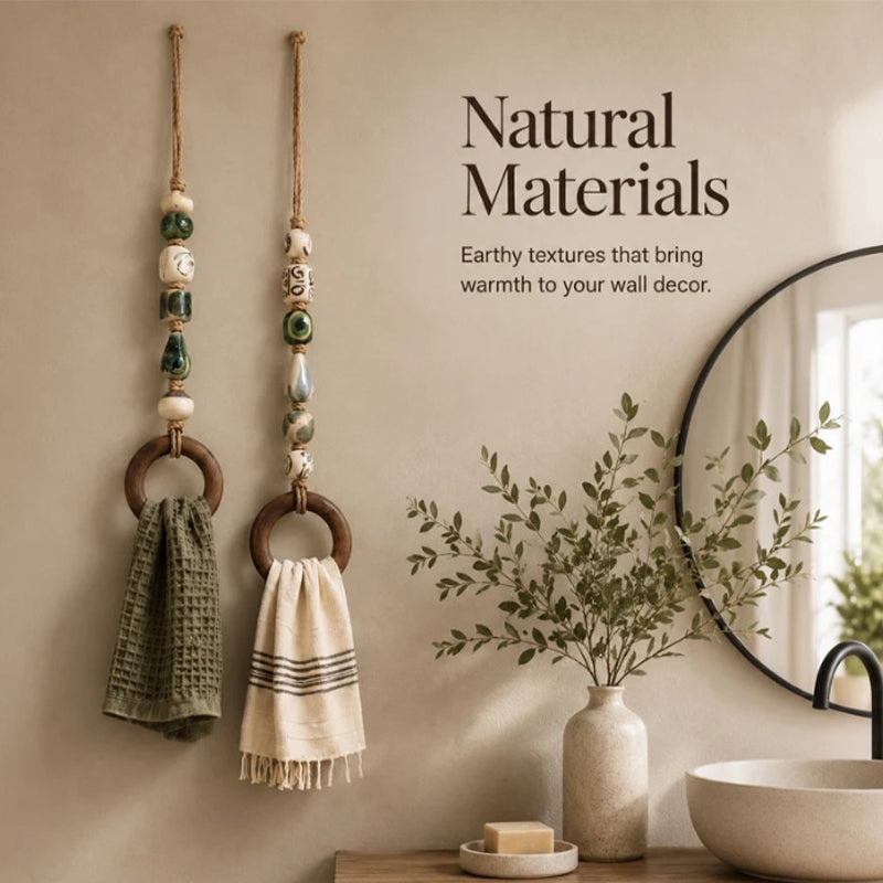🧺 50% DE RÉDUCTION! 🌸 Porte-serviette en perles – Céramique, jute & bois – Style bohème ✨